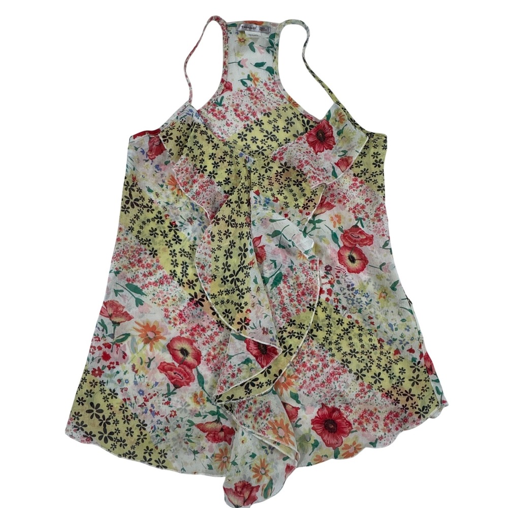 Teenbell Floral Patchwork Ruffle Tank Top Racerback S Boho Whimsical Cottagecore